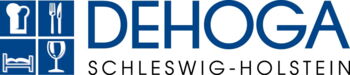 Blaues Logo DEHOGA Schleswig-Holstein mit Kochmütze, Messer und Gabel, Bett und Weinglas