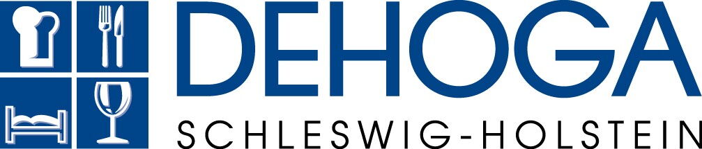 Blaues Logo DEHOGA Schleswig-Holstein mit Kochmütze, Messer und Gabel, Bett und Weinglas